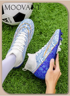 Moovant Men's High Top Football Shoes, Football Boots with Long Spike, Training Sports Shoes, Patterned Sports Shoes, Non-slip, Wear resistant, Patterned, Lace-up, for Adult, Teenagers, Students, White/Blue  - Image 1