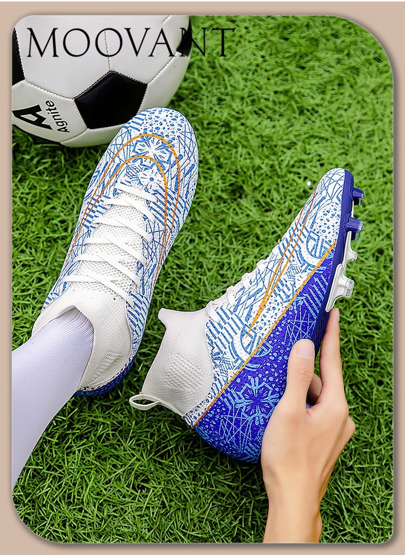 Moovant - Men's High Top Football Shoes, Football Boots with Long Spike, Training Sports Shoes, Patterned Sports Shoes, Non-slip, Wear resistant, Patterned, Lace-up, for Adult, Teenagers, Students, White/Blue - Image 1