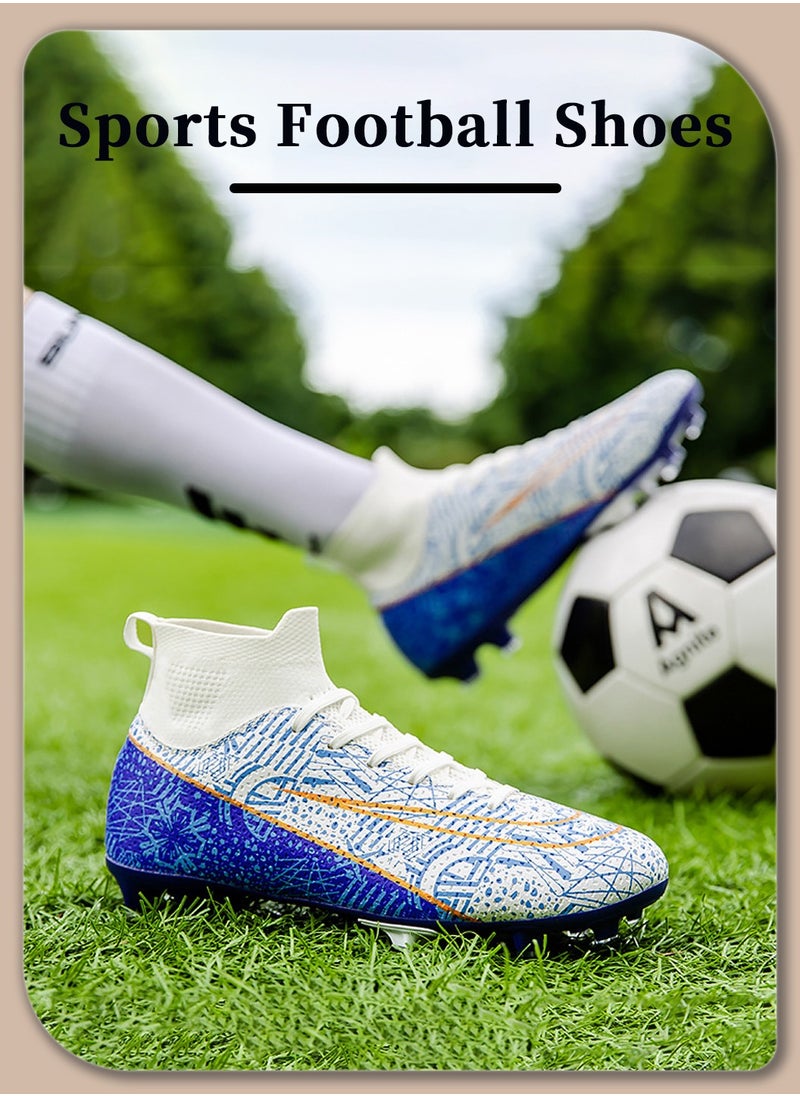 Moovant - Men's High Top Football Shoes, Football Boots with Long Spike, Training Sports Shoes, Patterned Sports Shoes, Non-slip, Wear resistant, Patterned, Lace-up, for Adult, Teenagers, Students, White/Blue - Image 1