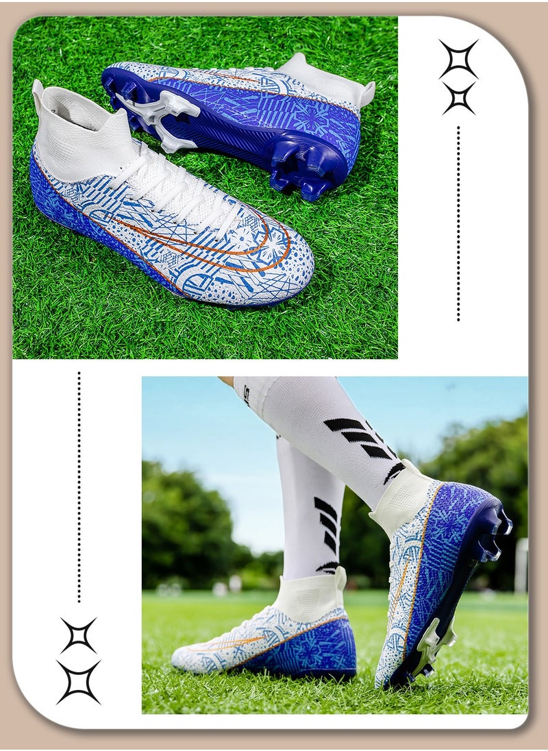Moovant - Men's High Top Football Shoes, Football Boots with Long Spike, Training Sports Shoes, Patterned Sports Shoes, Non-slip, Wear resistant, Patterned, Lace-up, for Adult, Teenagers, Students, White/Blue - Image 1