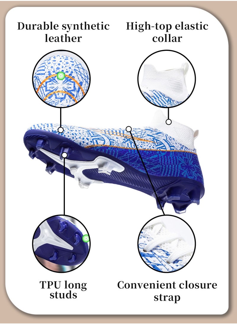 Moovant - Men's High Top Football Shoes, Football Boots with Long Spike, Training Sports Shoes, Patterned Sports Shoes, Non-slip, Wear resistant, Patterned, Lace-up, for Adult, Teenagers, Students, White/Blue - Image 1