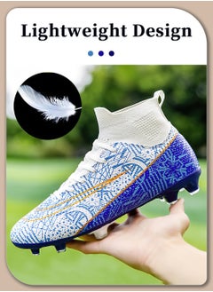 Moovant Men's High Top Football Shoes, Football Boots with Long Spike, Training Sports Shoes, Patterned Sports Shoes, Non-slip, Wear resistant, Patterned, Lace-up, for Adult, Teenagers, Students, White/Blue  - Image 5