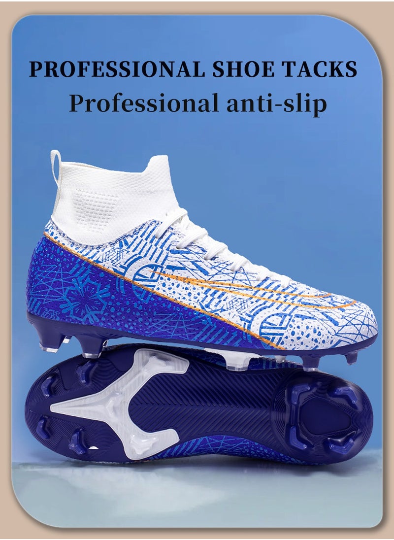 Moovant - Men's High Top Football Shoes, Football Boots with Long Spike, Training Sports Shoes, Patterned Sports Shoes, Non-slip, Wear resistant, Patterned, Lace-up, for Adult, Teenagers, Students, White/Blue - Image 1