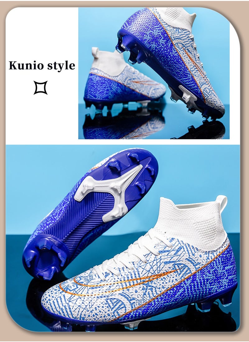 Moovant - Men's High Top Football Shoes, Football Boots with Long Spike, Training Sports Shoes, Patterned Sports Shoes, Non-slip, Wear resistant, Patterned, Lace-up, for Adult, Teenagers, Students, White/Blue - Image 1