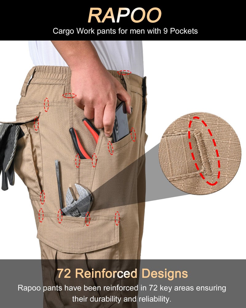 Rapoo Cargo Work Pants for Men Tactical Hiking Military Army Casual Pants for Men with Pockets Waterproof Mens Ripstop Construction Carpenter Hunting Outdoor Pants Outdoor Khaki 38Wx30L - Image 2