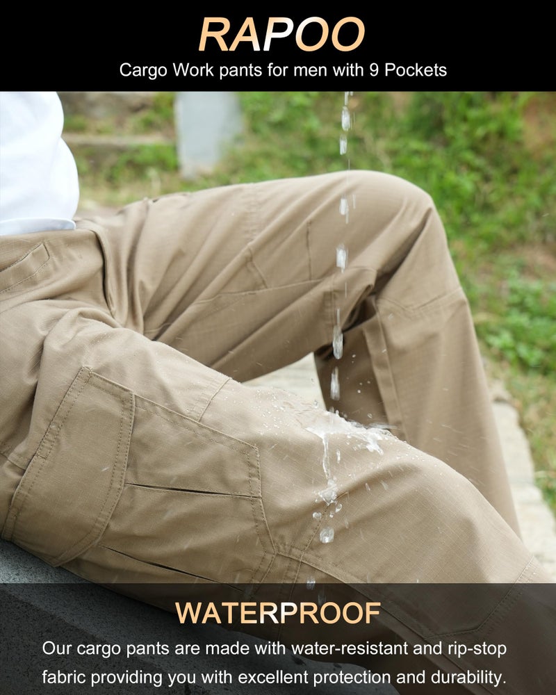 Rapoo Cargo Work Pants for Men Tactical Hiking Military Army Casual Pants for Men with Pockets Waterproof Mens Ripstop Construction Carpenter Hunting Outdoor Pants Outdoor Khaki 38Wx30L - Image 4