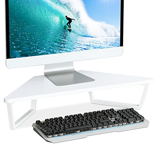 TEAMIX 26 inch White Triangle Monitor Stand Riser, Desktop Corner Shelf with Metal Leg Wood Computer Stand with Storage Laptop Riser Office Organization - Image 1