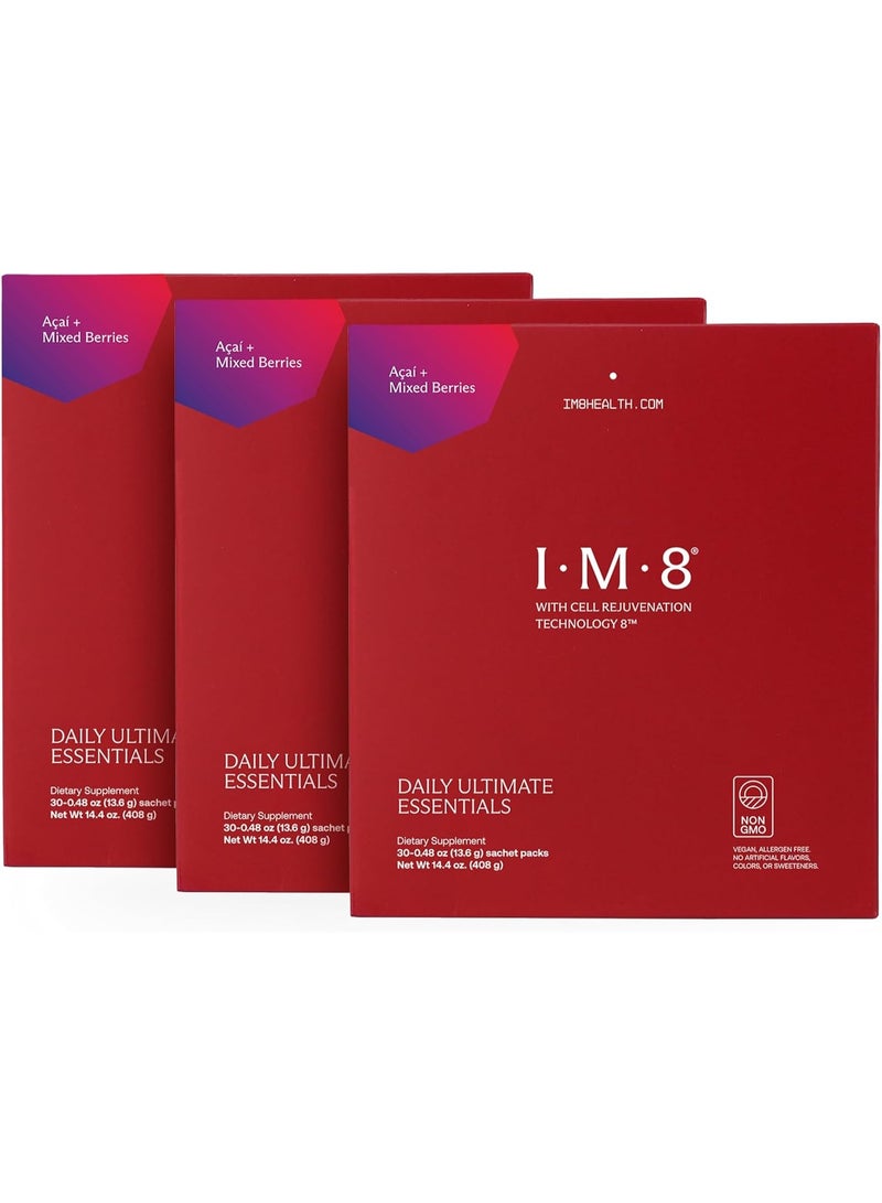 IM8 Daily Ultimate Essentials All-in-One Multivitamin Supplement, 92 Nutrient Rich Ingredients CoQ10, Probiotics, Vitamins, Greens, Gluten Free, Vegan (90 Packets, Acai and Mixed Berries) - Image 1