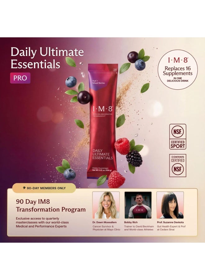 IM8 Daily Ultimate Essentials All-in-One Multivitamin Supplement, 92 Nutrient Rich Ingredients CoQ10, Probiotics, Vitamins, Greens, Gluten Free, Vegan (90 Packets, Acai and Mixed Berries) - Image 2