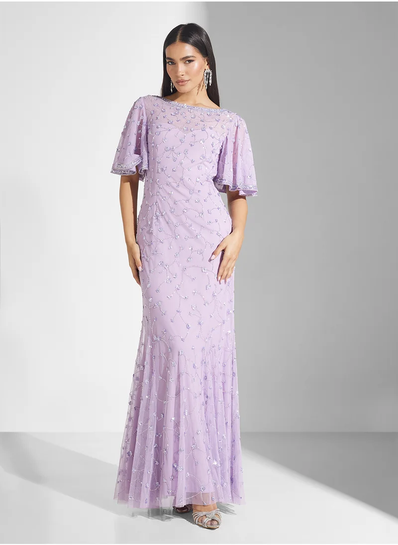 فروك اند فرل Flutter Sleeve Sequin Maxi Dress