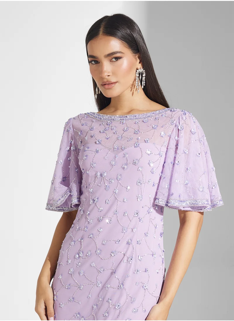 Frock and Frill Flutter Sleeve Sequin Maxi Dress