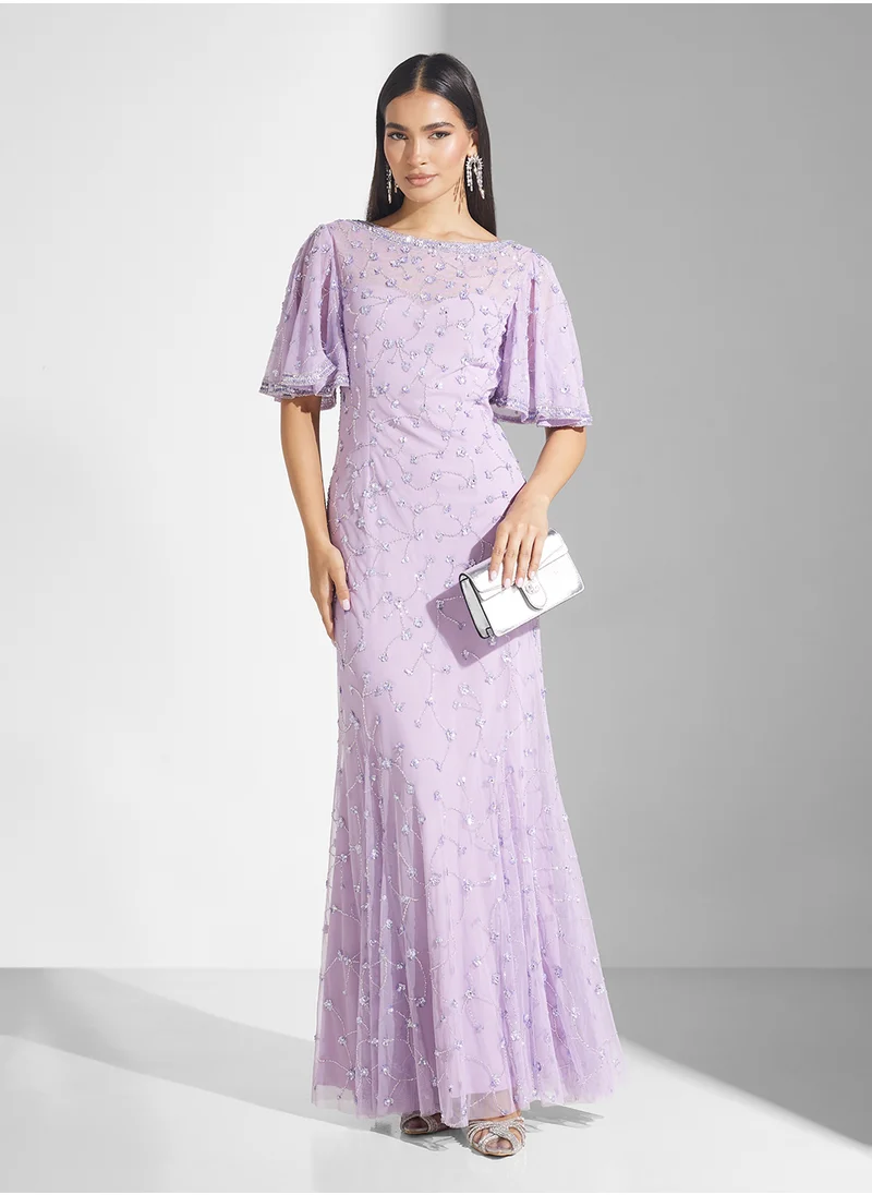 Frock and Frill Flutter Sleeve Sequin Maxi Dress