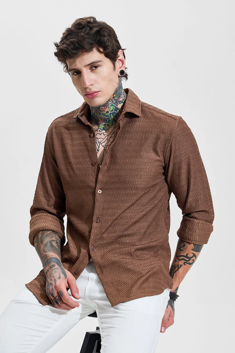 SNITCH Rich Earthy Brown Textured Long Sleeve Slim Fit Shirt