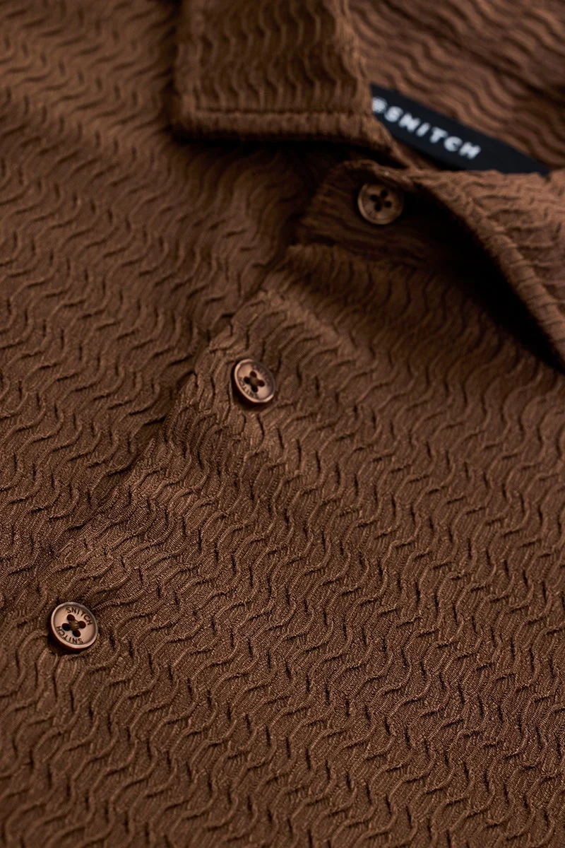 سنيتش Rich Earthy Brown Textured Long Sleeve Slim Fit Shirt