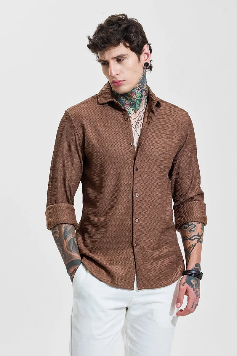 سنيتش Rich Earthy Brown Textured Long Sleeve Slim Fit Shirt