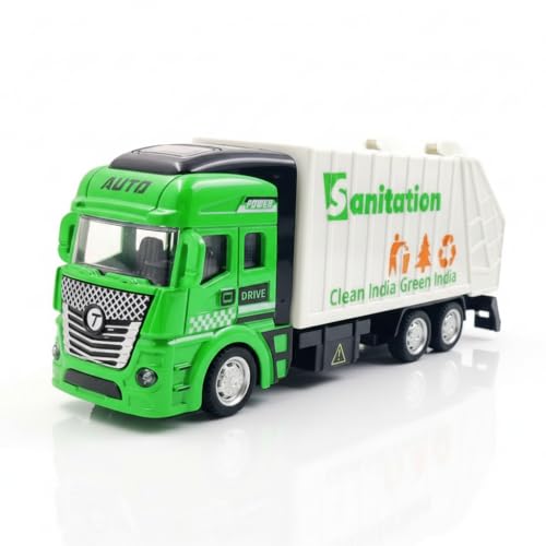 PLUSPOINT Die Cast Metal Garbage Truck Pull Back Action City Service Waste Management Truck with Trash Bin Recycling Garbage Sanitation Truck Clean India Green India Toys for Kids Boys (Garbage Van) - Image 1