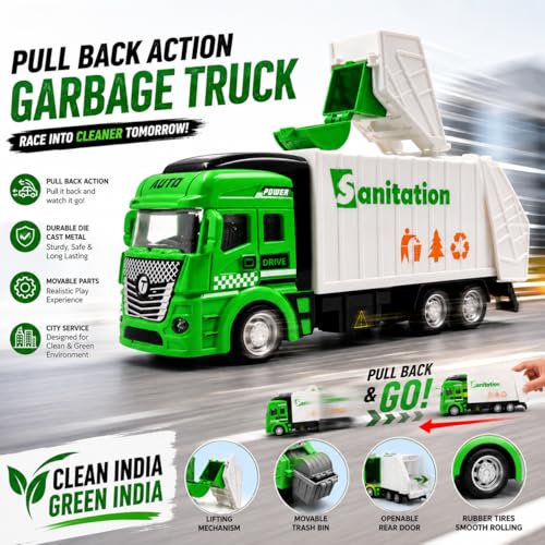 PLUSPOINT Die Cast Metal Garbage Truck Pull Back Action City Service Waste Management Truck with Trash Bin Recycling Garbage Sanitation Truck Clean India Green India Toys for Kids Boys (Garbage Van) - Image 2
