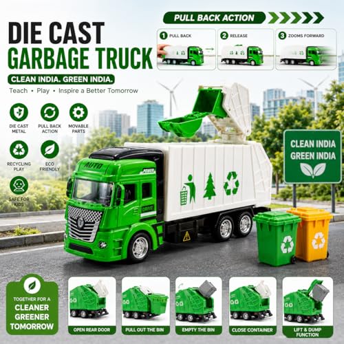 PLUSPOINT Die Cast Metal Garbage Truck Pull Back Action City Service Waste Management Truck with Trash Bin Recycling Garbage Sanitation Truck Clean India Green India Toys for Kids Boys (Garbage Van) - Image 3
