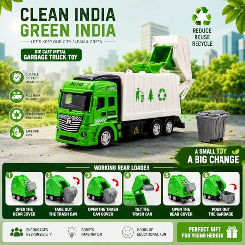 PLUSPOINT Die Cast Metal Garbage Truck Pull Back Action City Service Waste Management Truck with Trash Bin Recycling Garbage Sanitation Truck Clean India Green India Toys for Kids Boys (Garbage Van) - Image 4