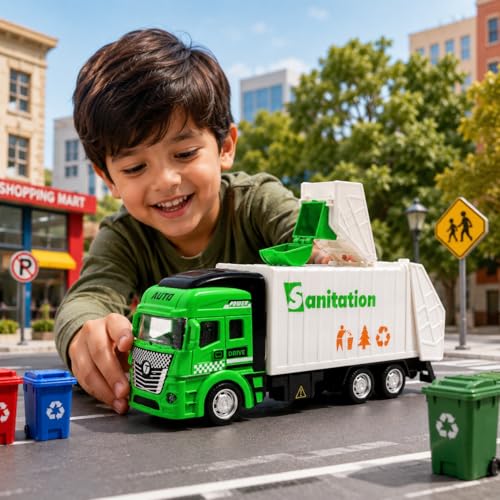 PLUSPOINT Die Cast Metal Garbage Truck Pull Back Action City Service Waste Management Truck with Trash Bin Recycling Garbage Sanitation Truck Clean India Green India Toys for Kids Boys (Garbage Van) - Image 5