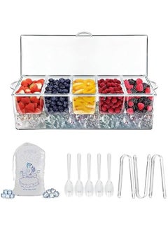 Chilled Condiment Server, Azonee Clear Garnish Tray with Lid Parties with 5 Removable Compartments, Condiment Dispenser, Salad Platter, Ice Serving Bowl, Serving Containers for Fruit, Snack, Sauce