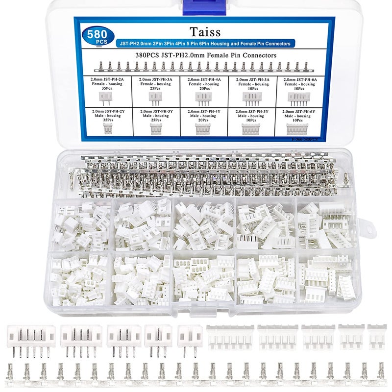 Taiss 580PCS JST PH Connector kit 2.0mm 2/3/4/5/6Pin Housing,Female and Male Adapter Cable Connector Plug,PH2.0mm Female Pin Connectors,JST Connector F-066-580PCS - Image 1