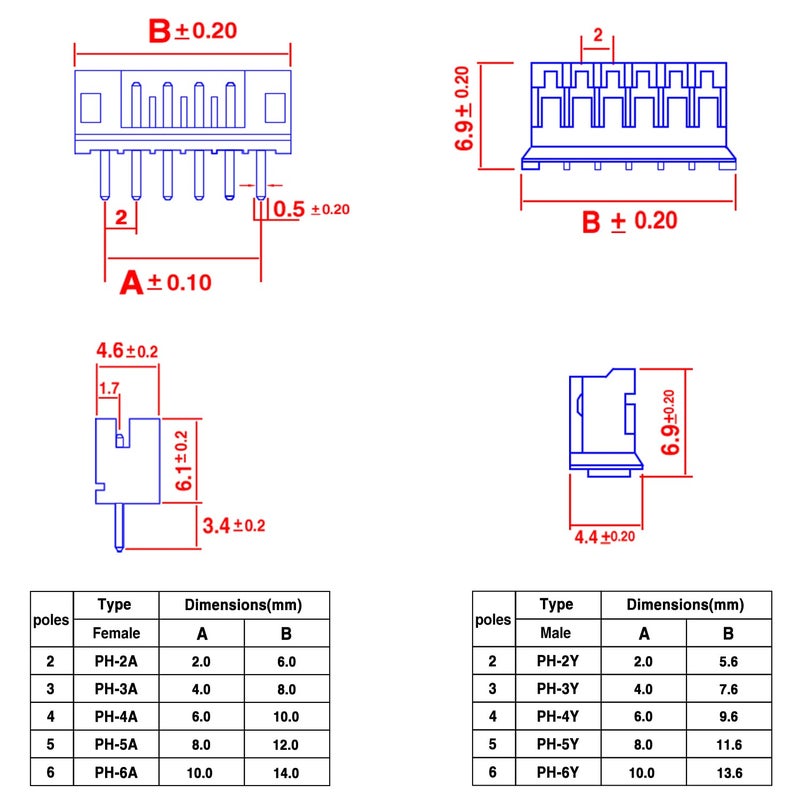 Taiss 580PCS JST PH Connector kit 2.0mm 2/3/4/5/6Pin Housing,Female and Male Adapter Cable Connector Plug,PH2.0mm Female Pin Connectors,JST Connector F-066-580PCS - Image 2