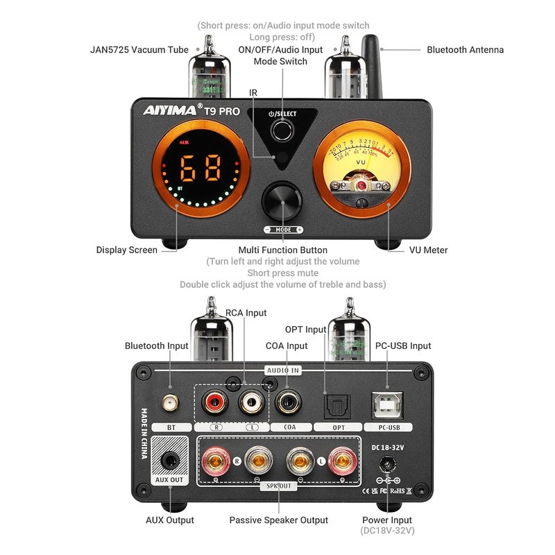 AIYIMA T9 PRO 200W Bluetooth Amplifier HiFi Digital Class D Power Amp 2.0/2.1 Channel Vacuum Tube DAC Amp with VU Meter & Bass Treble Bluetooth 5.2 Coaxial Optical PC-USB inputs ( T9 PRO) - Image 2