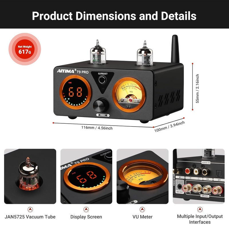 AIYIMA T9 PRO 200W Bluetooth Amplifier HiFi Digital Class D Power Amp 2.0/2.1 Channel Vacuum Tube DAC Amp with VU Meter & Bass Treble Bluetooth 5.2 Coaxial Optical PC-USB inputs ( T9 PRO) - Image 3