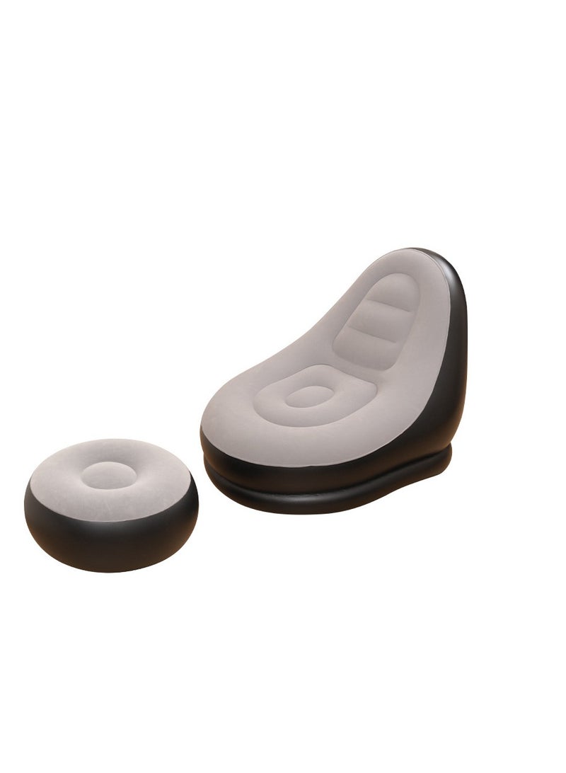 2-IN-1 Grey/Black Lounge Sofa Bed Set, Folding Portable Inflatable Lazy Flocking Recliner Chair with Footstool and Air Pump - Great for Pop Up Indoor and Outdoor Balcony, Backyard, Camping, Picnic, RV - Image 1