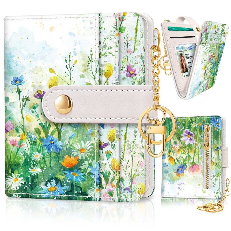 Jogjam Floral Green Rfid Ladies Wallet, Small Slim Thin Compact Credit Card Women Wallet, Spring Flowers PU Leather Bifold Cash Zipper Coin Pocket ID Window for Female - Image 1