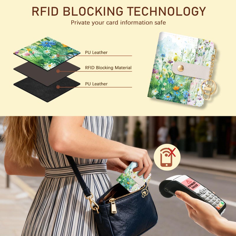 Jogjam Floral Green Rfid Ladies Wallet, Small Slim Thin Compact Credit Card Women Wallet, Spring Flowers PU Leather Bifold Cash Zipper Coin Pocket ID Window for Female - Image 3
