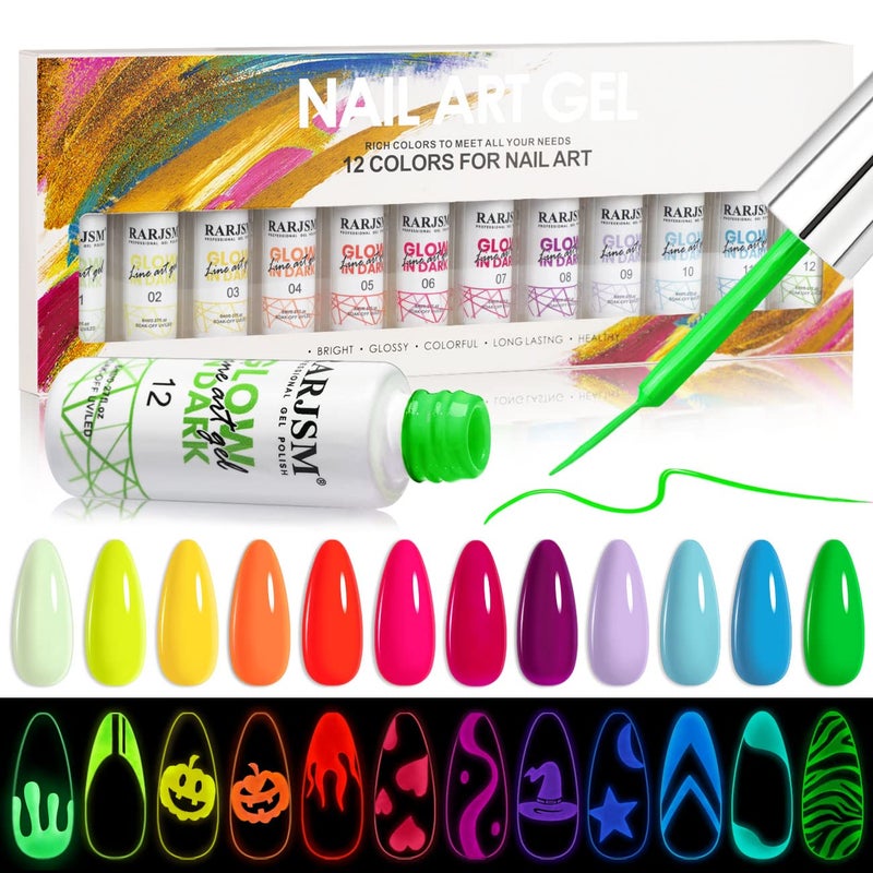RARJSM Nail Art Gel Set, Glow In The Dark Gel Liner Nail Art Polish Luminous Design Nailpolish Neon Fluorescent Drawing Painting NailArt Polish Neon Colors - Image 1