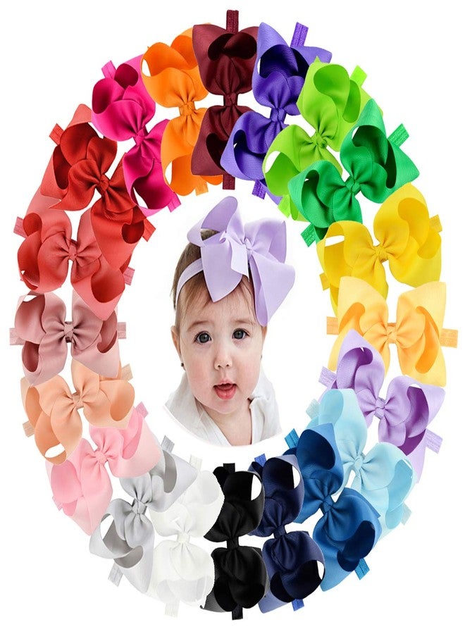 jollybows 20pcs Baby Girls Grosgrain Ribbon Hair Bows Headbands 6" Elastic Hair Band Hair Accessories for Infants Newborn (Multicoloured 6“ Bows Elastic Headband) - Image 1