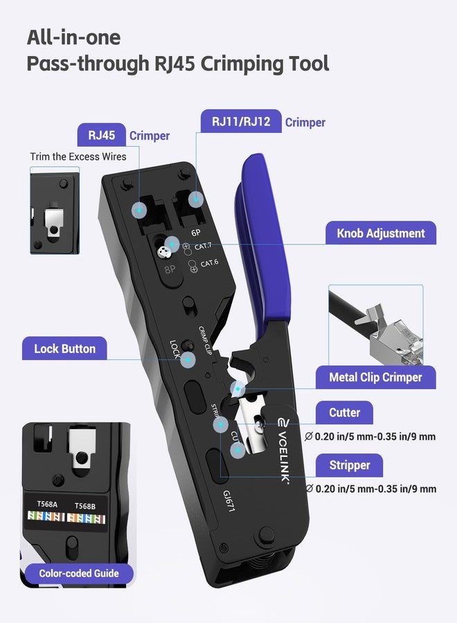 VCELINK أداة تجعيد VCELINK RJ45، أداة تجعيد شاملة لتمرير كابلات إيثرنت من نوع CAT7 وCAT6A وCAT6 وCAT5e وCAT5، مزودة بآلية ضبط لولبية، وأداة تجعيد RJ45 وRJ11/RJ12 مع أداة تعرية صغيرة. - Image 3
