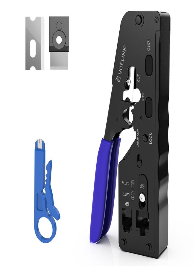 VCELINK أداة تجعيد VCELINK RJ45، أداة تجعيد شاملة لتمرير كابلات إيثرنت من نوع CAT7 وCAT6A وCAT6 وCAT5e وCAT5، مزودة بآلية ضبط لولبية، وأداة تجعيد RJ45 وRJ11/RJ12 مع أداة تعرية صغيرة. - Image 1