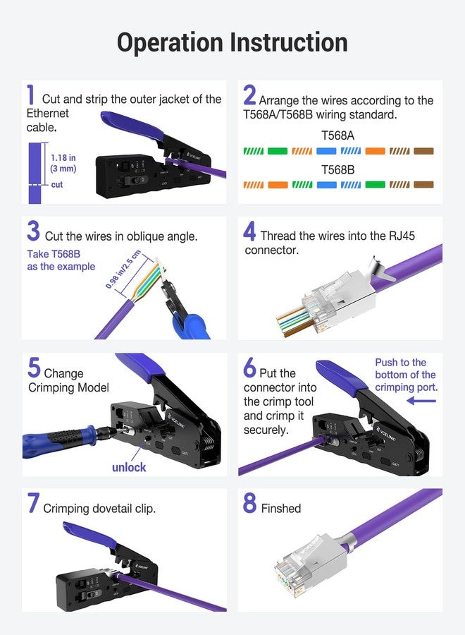 VCELINK أداة تجعيد VCELINK RJ45، أداة تجعيد شاملة لتمرير كابلات إيثرنت من نوع CAT7 وCAT6A وCAT6 وCAT5e وCAT5، مزودة بآلية ضبط لولبية، وأداة تجعيد RJ45 وRJ11/RJ12 مع أداة تعرية صغيرة. - Image 5