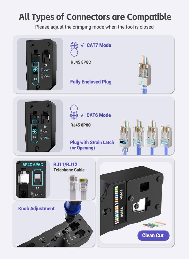 VCELINK أداة تجعيد VCELINK RJ45، أداة تجعيد شاملة لتمرير كابلات إيثرنت من نوع CAT7 وCAT6A وCAT6 وCAT5e وCAT5، مزودة بآلية ضبط لولبية، وأداة تجعيد RJ45 وRJ11/RJ12 مع أداة تعرية صغيرة. - Image 2