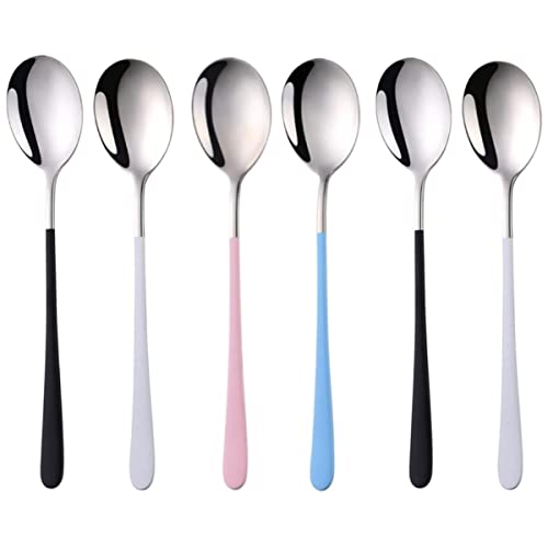 OLWICK® 6 PCS 304 Stainless Steel Round Head Soup Spoons, Modern Thick Long Handle Dinner Spoons for Soup,Dessert,Milk,Tea,Coffee, (Silver) - Image 1