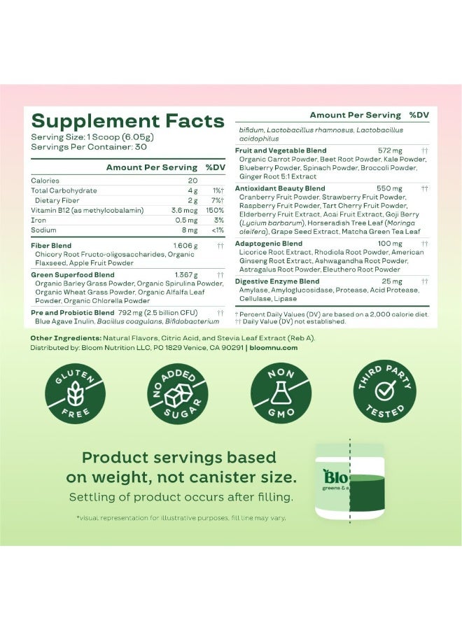 Bloom  Greens and Superfoods Powder for Digestive Health, Greens Powder, Digestive Enzymes, Probiotics, Spirulina, Chlorella for Bloating & Gut Support, Green Juice, 30 SVG, Strawberry Kiwi - Image 5