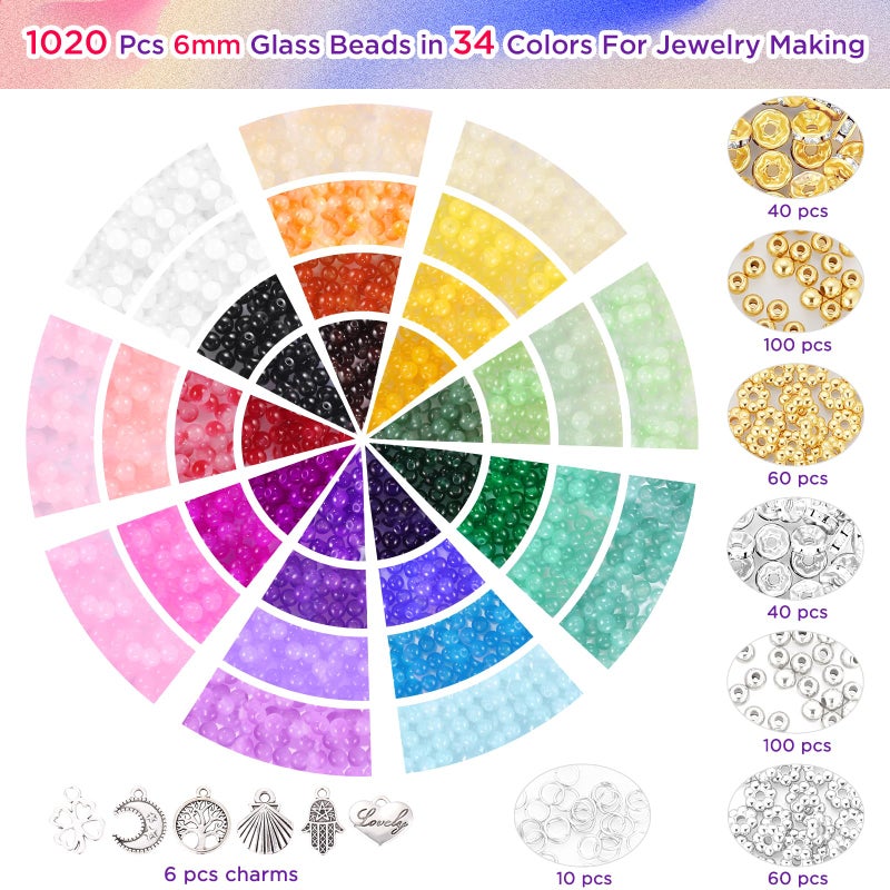 Funtopia 1368pcs 6mm Glass Beads for Bracelets, 34 Colors Crystal Beads for Jewelry Making, Funtopia Round Glass Beads for DIY Earrings Necklace Crafts with Spacer Beads and Charms, Solid and Gradient Colors - Image 3