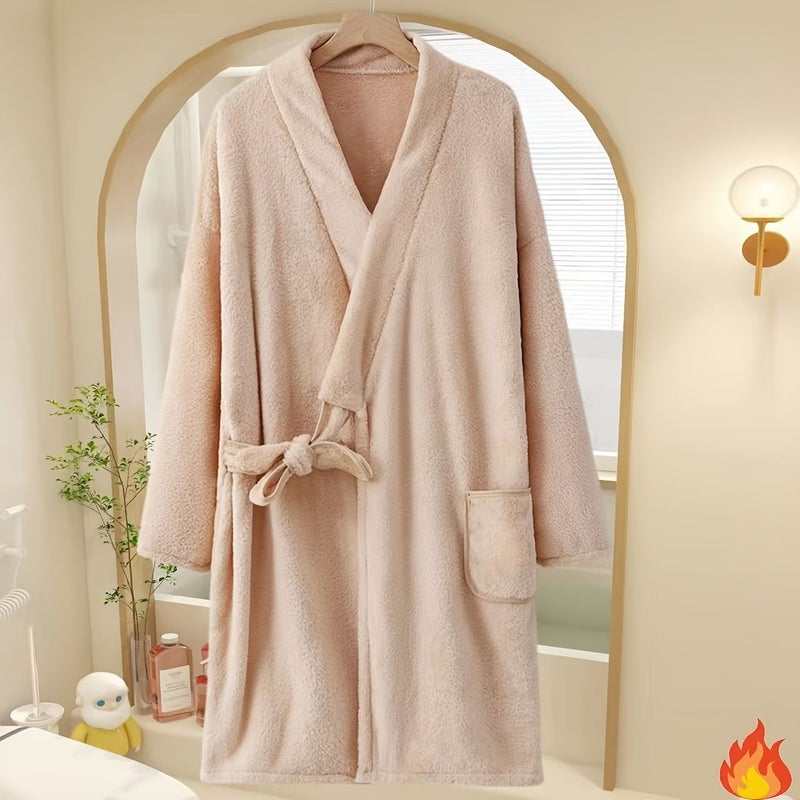 Light Brown Plush Bathrobe for Couples Highly Absorbent Soft Towels - Image 4