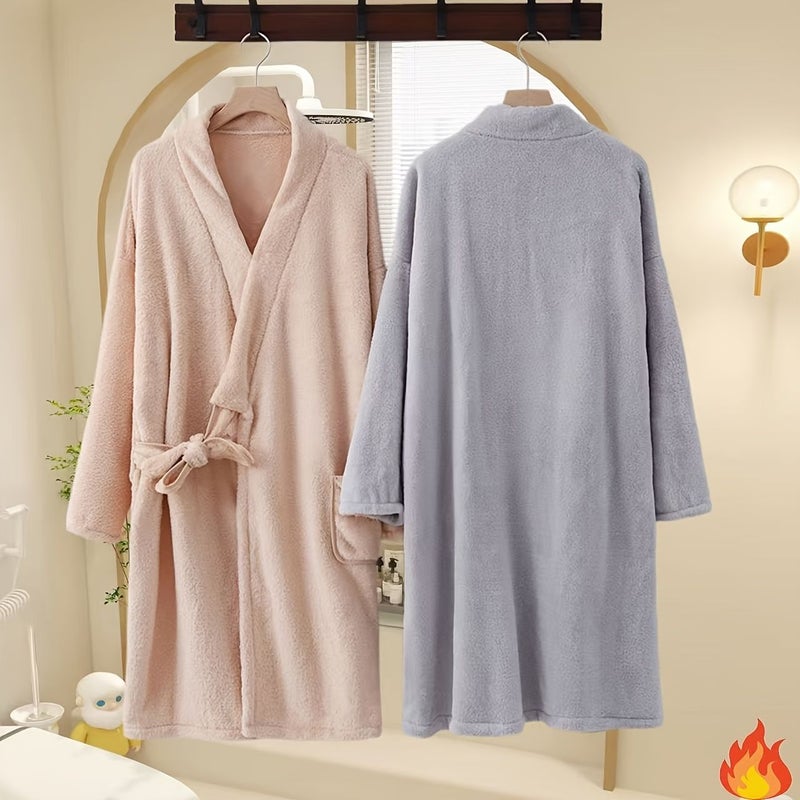 Light Brown Plush Bathrobe for Couples Highly Absorbent Soft Towels - Image 2