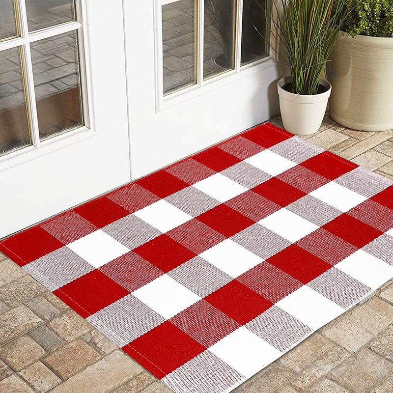 USTIDE Buffalo Check Plaid Doormat Red and White 2 'x3 'Hand Woven Cotton Plaid Rugs Farmhouse Layered Door Perfect for Front Door Porch Outdoor Rug - Image 3
