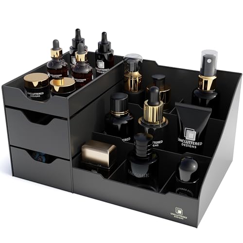 Uncluttered Designs Large Black Vanity Organizer - Countertop Mens Organizer With Drawers for Cologne, Deodorant, Beard, Shaving Lotion, Perfume & Skincare - Perfect for Bathroom & Bedroom Storage - Image 1