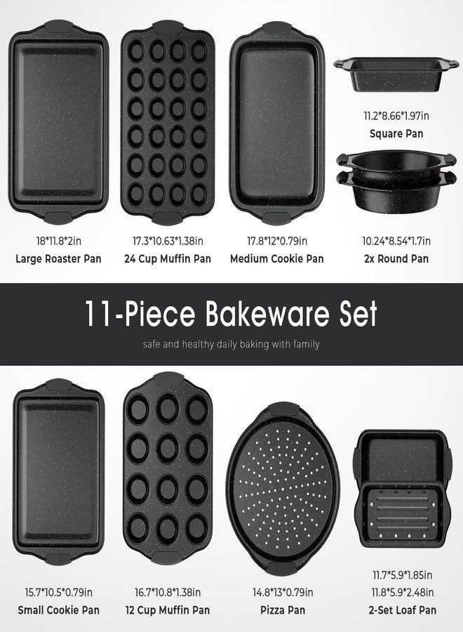 Slow Slog 11-Piece Nonstick Baking Pans Set, Stackable Bakeware Sets, Oven Pans for Baking with Silicone Handles, Includes Cookie Sheet, Cake Pans, Loaf Pan, Pizza Pan, Muffin Pan, Black - Image 2