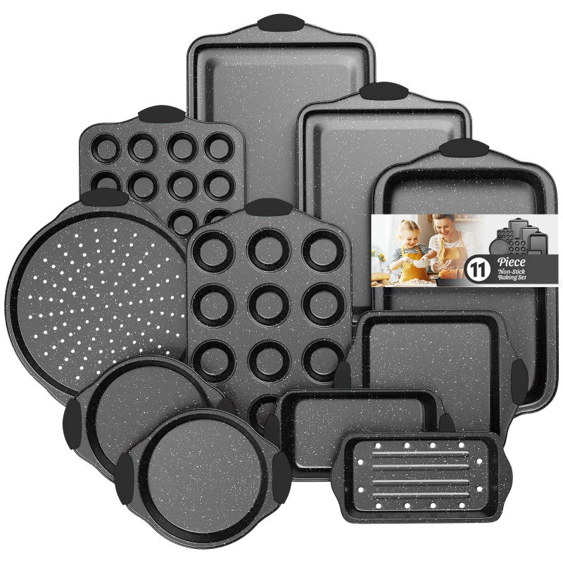 Slow Slog 11-Piece Nonstick Baking Pans Set, Stackable Bakeware Sets, Oven Pans for Baking with Silicone Handles, Includes Cookie Sheet, Cake Pans, Loaf Pan, Pizza Pan, Muffin Pan, Black - Image 1