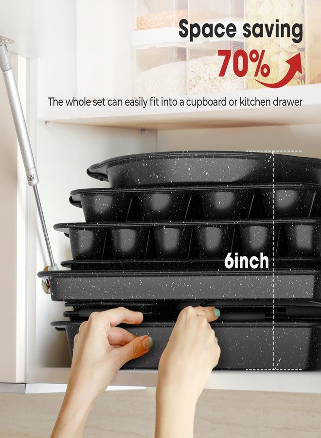 Slow Slog 11-Piece Nonstick Baking Pans Set, Stackable Bakeware Sets, Oven Pans for Baking with Silicone Handles, Includes Cookie Sheet, Cake Pans, Loaf Pan, Pizza Pan, Muffin Pan, Black - Image 4