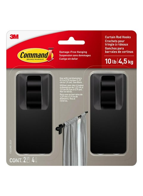 Command 10 lb Matte Black Curtain Rod Hooks, 2 Hooks and 4 Command Strips, Damage Free Curtain Hooks for Hanging Curtain Rods with Adhesive Strips, No Drilling Christmas Decorations