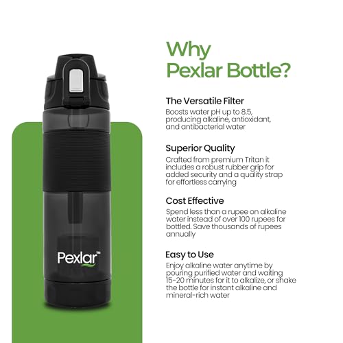 Pexlar Tritan Multi Stage Alkaline Water Filter Bottle | Alkaline Water Generator | Water Bottle with Filter inside | Black | 650 ml | Multirich Mineral Water - BPA Free - Image 4